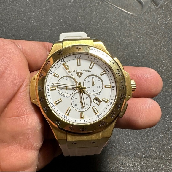 Swiss Legend Maverick Chronograph Diver Watch Gold Bezel White Dial/band Working - Picture 3 of 8